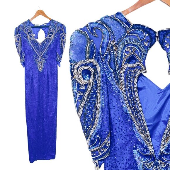Linzas Dresses & Skirts - Linzas Vintage Y2K Straight Dress Gown Size Medium Blue Silk Sequined